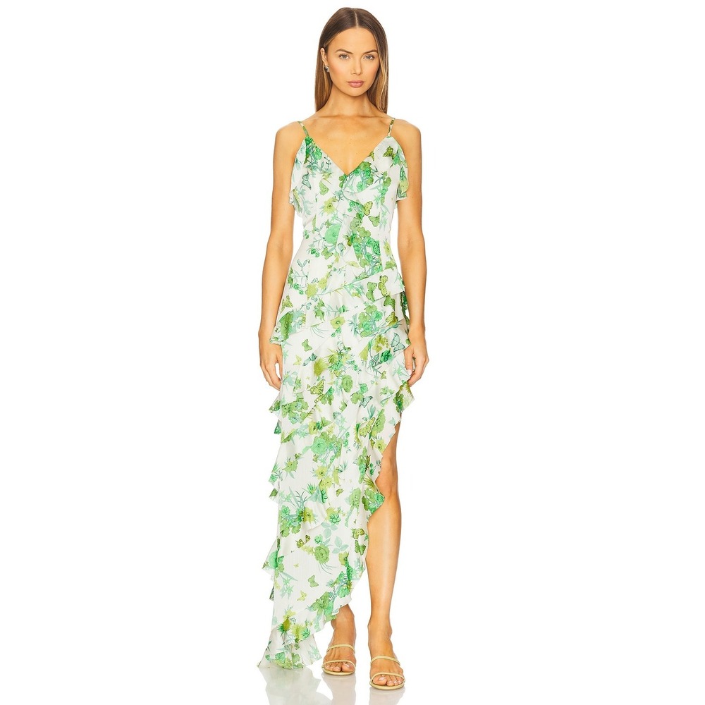 Elliatt Tess Green Floral Ruffle Maxi Dress High Low Asymmetrical V-Neck size S